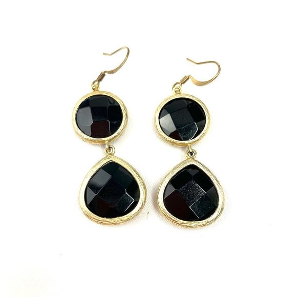 unbranded Jewelry - Dual Princess Cut Inset Stone Drop Earrings - Black/Gold 2"